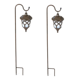 Brown/White Solar Plastic Lanterns with Metal Shepherd Hooks Set of 2