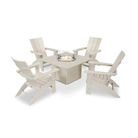 Modern Curveback Adirondack Five-Piece Conversation Set with Fire Pit Table - Sand