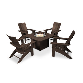 Modern Curveback Adirondack Five-Piece Conversation Set with Fire Pit Table - Mahogany