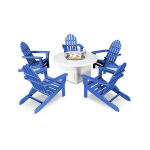 Classic Folding Adirondack Six-Piece Conversation Set with Fire Pit Table - Pacific Blue/White
