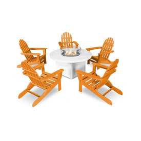 Classic Folding Adirondack Six-Piece Conversation Set with Fire Pit Table - Tangerine/White