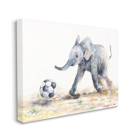Elephant Baby Playing Soccer Adorable Jungle Animal 20" x 16" Gallery Wrapped Wall Art
