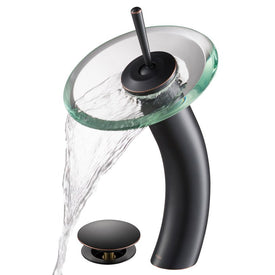 Tall Waterfall Bathroom Faucet for Vessel Sink with Clear Glass Disk and Pop-Up Drain