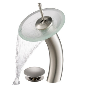 Tall Waterfall Bathroom Faucet for Vessel Sink with Frosted Glass Disk and Pop-Up Drain