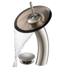 Tall Waterfall Bathroom Faucet for Vessel Sink with Clear Brown Glass Disk and Pop-Up Drain