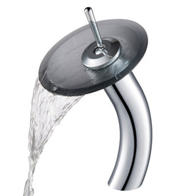 Tall Waterfall Bathroom Faucet for Vessel Sink with Frosted Black Glass Disk