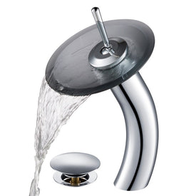 Tall Waterfall Bathroom Faucet for Vessel Sink with Frosted Black Glass Disk and Pop-Up Drain
