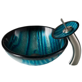 AUS Nature Series Blue Glass Bathroom Vessel Sink and Waterfall Faucet Set with Disk/ Pop-Up Drain
