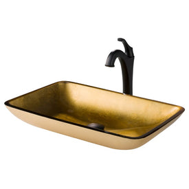 22" Rectangular Gold Glass Bathroom Vessel Sink and Arlo Faucet Combo Set with Pop-Up Drain