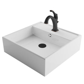 Elavo 18.5" Square White Porcelain Bathroom Vessel Sink with Overflow and Arlo Faucet Combo Set with Lift Rod Drain