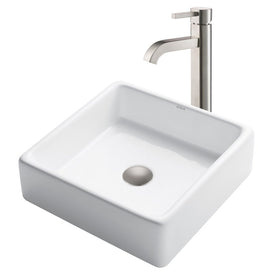 15" Square White Porcelain Bathroom Vessel Sink and Ramus Faucet Combo Set with Pop-Up Drain