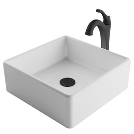 Elavo 15" Square White Porcelain Bathroom Vessel Sink and Arlo Faucet Combo Set with Pop-Up Drain