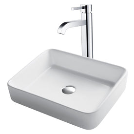 19" Rectangular White Porcelain Bathroom Vessel Sink and Ramus Faucet Combo Set with Pop-Up Drain
