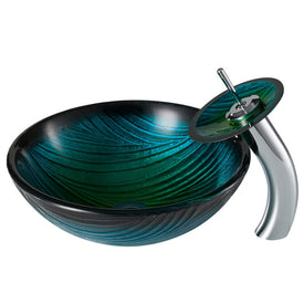 Nature Series Green Glass Bathroom Vessel Sink and Waterfall Faucet Combo Set with Disk and Pop-Up Drain