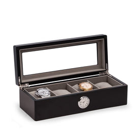 All In Time Wood Four-Watch Box with Quartz Movement Clock - Black - OPEN BOX
