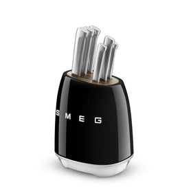 6-Slot Acacia Wood Knife Block with Powder-Coated Steel Housing and 6 Stainless Steel Knives - Black