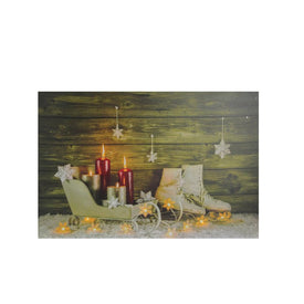 12" x 15.75" Small Candles Ice Skates and Sleigh LED Lighted Christmas Canvas Wall Art