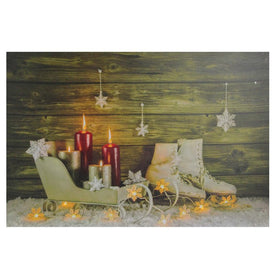 23.5" x 15.5" Large Candles, Ice Skates and Sleigh LED Lighted Christmas Canvas Wall Art