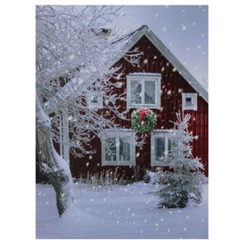 15.75" x 12" Red Snowy Barn House LED Fiber Optic Lighted Christmas Wall Art