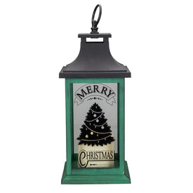 12" Green and Black LED Candle with Christmas Tree Tabletop Lantern