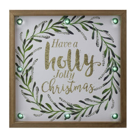 11.75" Holly Jolly with a Green Wreath Lighted Wood Christmas Plaque