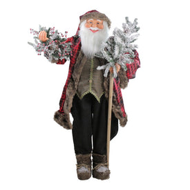 5' Red and Gray Standing Santa Claus Christmas Figurine with Flocked Alpine Tree