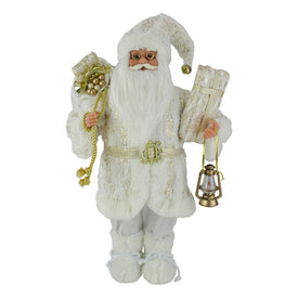 12" Winter White and Gold Standing Santa Christmas Figurine Dressed In Plush