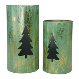 12" Rustic Green and Gold Christmas Tree Tabletop Lanterns Set of 2