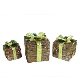 12" Brown and Green Lighted Glitter Gift Boxes Christmas Decoration Set of 3