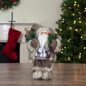 12" Mountain Santa Dressed In Plush Brown Coat and Fur Boots Christmas Figurine