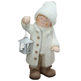 18" White and Brown Winter Boy Tealight Lantern Christmas Tabletop Figurine