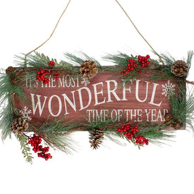 28" Berries and Frosted Pine Cones It's The Most Wonderful Time of The Year Christmas Plaque