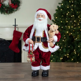 2' Traditional Santa Christmas Figurine with a Plush Brown Bear