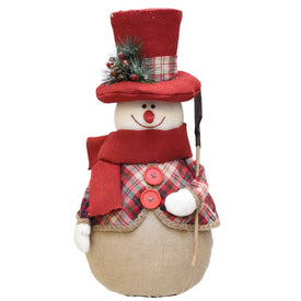 22.75" Red and Brown Plaid Snowman with Shovel Tabletop Christmas Figurine