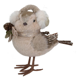 6" Beige and White Plush Bird In Earmuffs Christmas Figurine