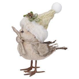 8" Beige and White Plush Bird In Santa Hat Christmas Figurine