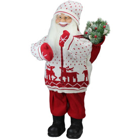25" White and Red Santa In Knit Deer Sweater with Sack of Pine Figurine