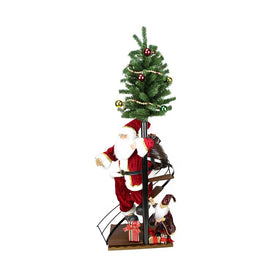 50" Santa Claus On Spiral Staircase with Tree and Elf Christmas Figurine On Wooden Base