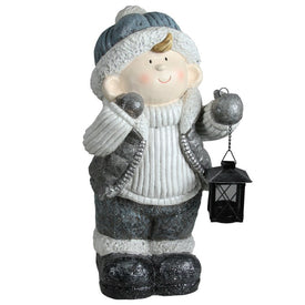 18.5" White and Gray Little Boy Holding Tealight Lantern Christmas Tabletop Figurine