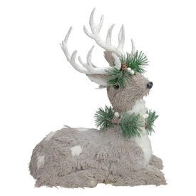 12.75" Gray Sitting Sisal Reindeer with Wreath Christmas Figurine