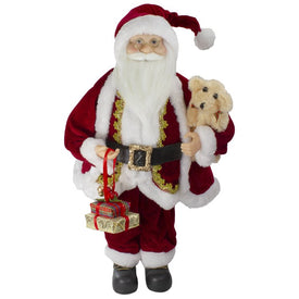 18" Sitting Santa Christmas Figurine with a Plush Brown Bear