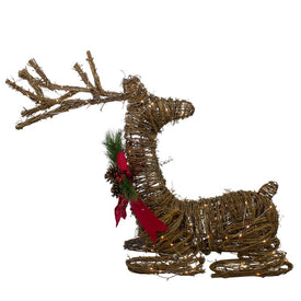 30" Brown Lighted Rattan Reindeer with Red Bow and Pine Cones Christmas Outdoor Decoration