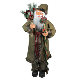 51" Olive Green and Burgundy Red Standing Santa Claus with Gift Bag Christmas Figurine