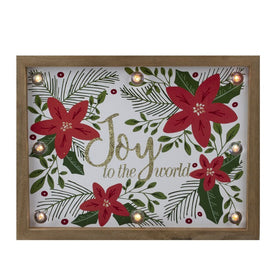 11.8" Poinsettia Joy To The World In Glitter Lighted Christmas Plaque with Wood Frame