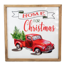 16" Red Vintage Truck with a Forest Tree Home for Christmas Metal Wall Decoration with Wood Frame