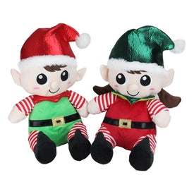13" Red Plush Sitting Boy and Girl Christmas Elf Figurines Set of 2