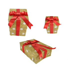 13" Pre-Lit Gold and Red Snowflake Gift Box Outdoor Christmas Yard Art Decoration Set of 3