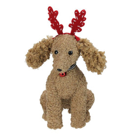 14.5" Plush Tan Bichon Frise Puppy Dog with Red Antlers Christmas Decoration