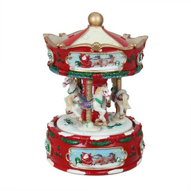 6.5" Red and White Animated Musical Carousel Christmas Music Box