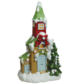 21.25" Green and White Snow-covered Church Pre-Lit LED Christmas Tabletop Figurine